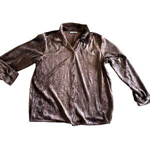 JM Studio Velvet Button-Up Blouse Top Women's Dark Brown Black  Winter 80s Retro